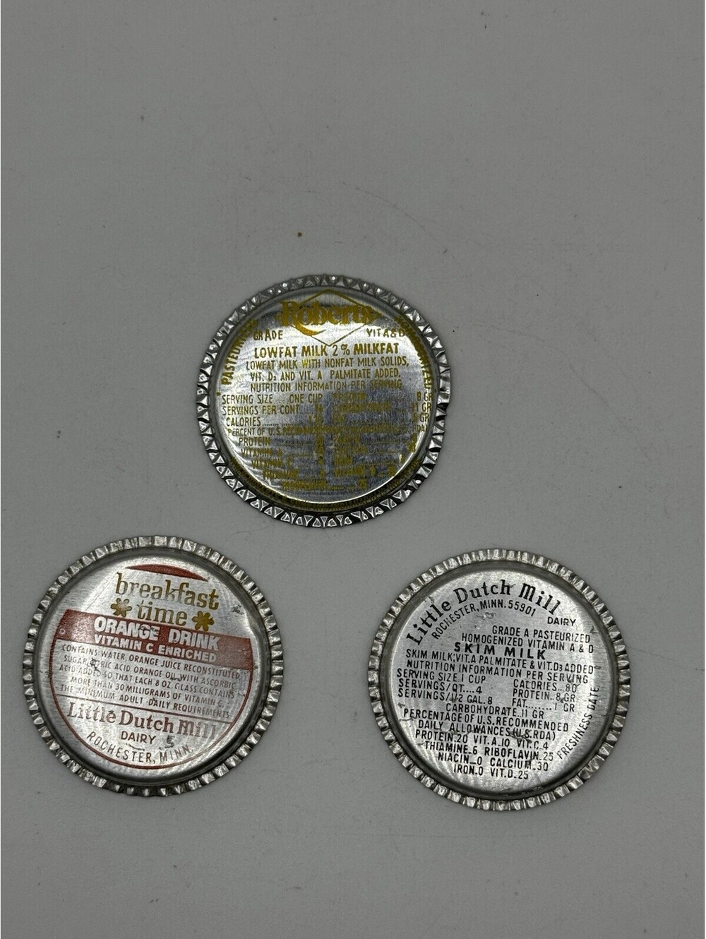 Vintage Little Dutch Mill Roberts Dairy Bottle Caps Rochester MN Set of 3